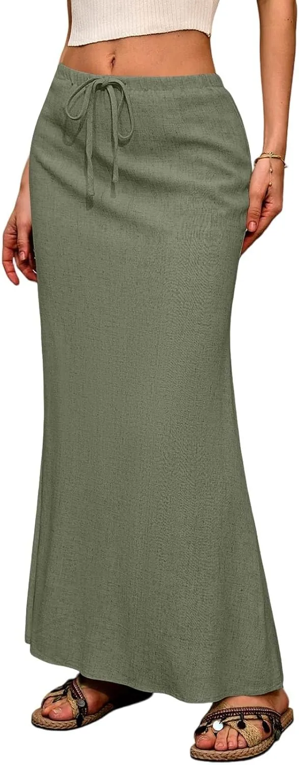 Linen Maxi Skirts for Women Trendy Summer Comfy Drawstring Waist Ankle-Length Skirts Flared Skirt with Back Slit
