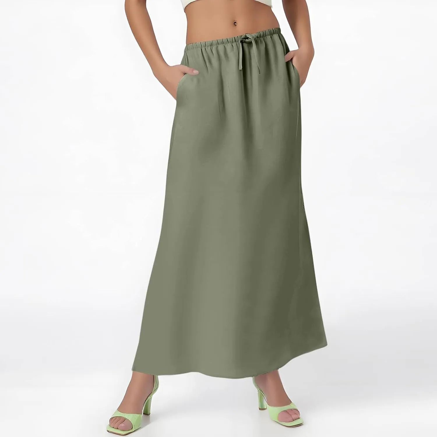 Linen Maxi Skirts for Women Trendy Summer Comfy Drawstring Waist Ankle-Length Skirts Flared Skirt with Back Slit