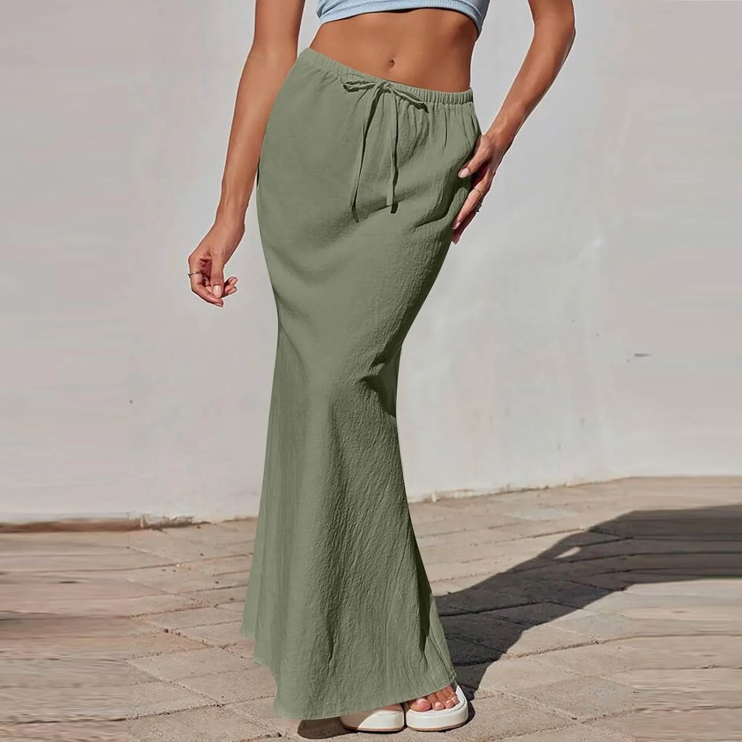 Linen Maxi Skirts for Women Trendy Summer Comfy Drawstring Waist Ankle-Length Skirts Flared Skirt with Back Slit