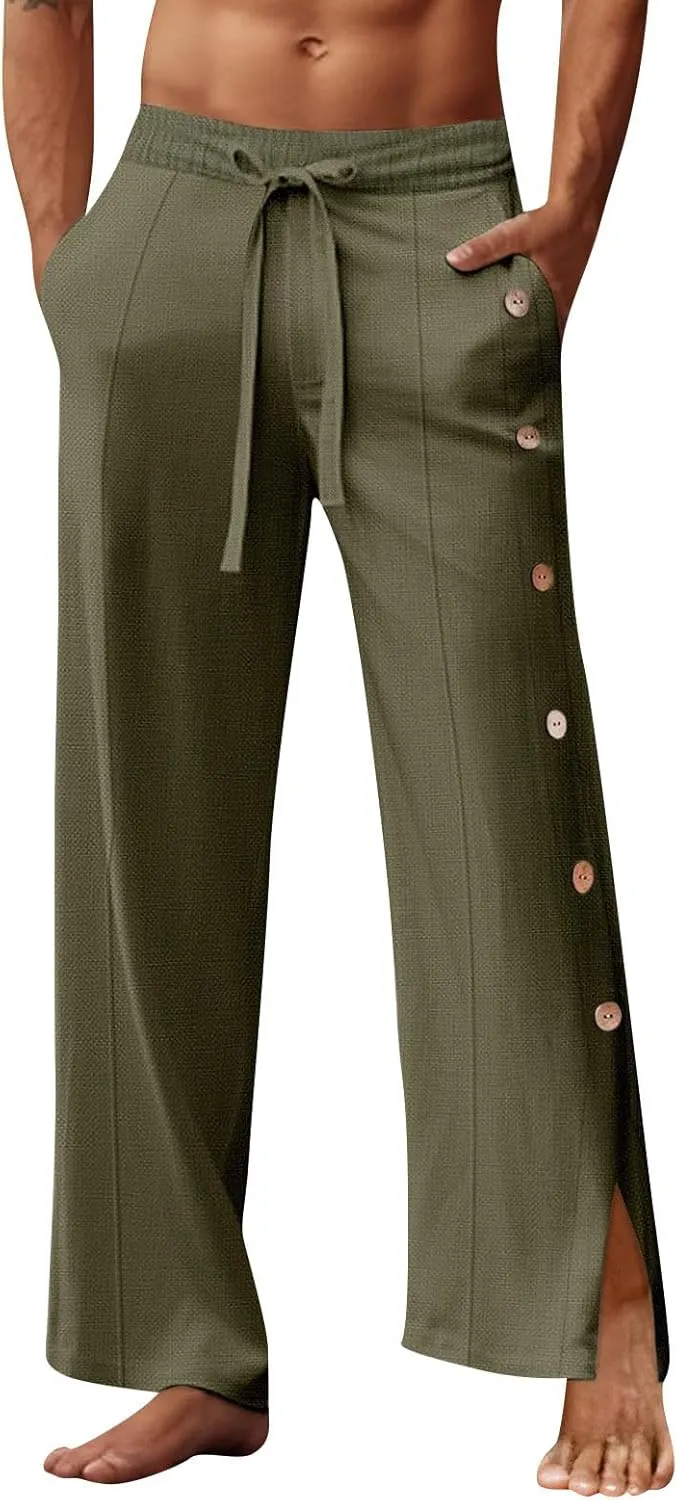 Linen Pants Men Beach Joggers Men Harem Summer Wide Legs Split Expandable Waist Coloured Comfortable Regular Jogger