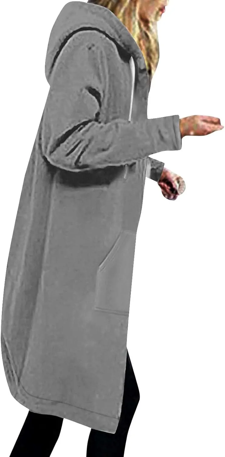 Long Fleece Lined Hooded Jacket for Women, Fuzzy Warm Full Zip Coat Casual Comfortable Thick Knee Length Outerwear