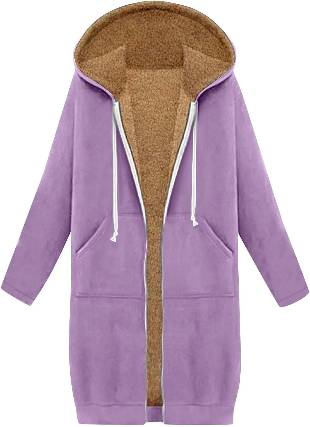 Long Fleece Lined Hooded Jacket for Women, Fuzzy Warm Full Zip Coat Casual Comfortable Thick Knee Length Outerwear