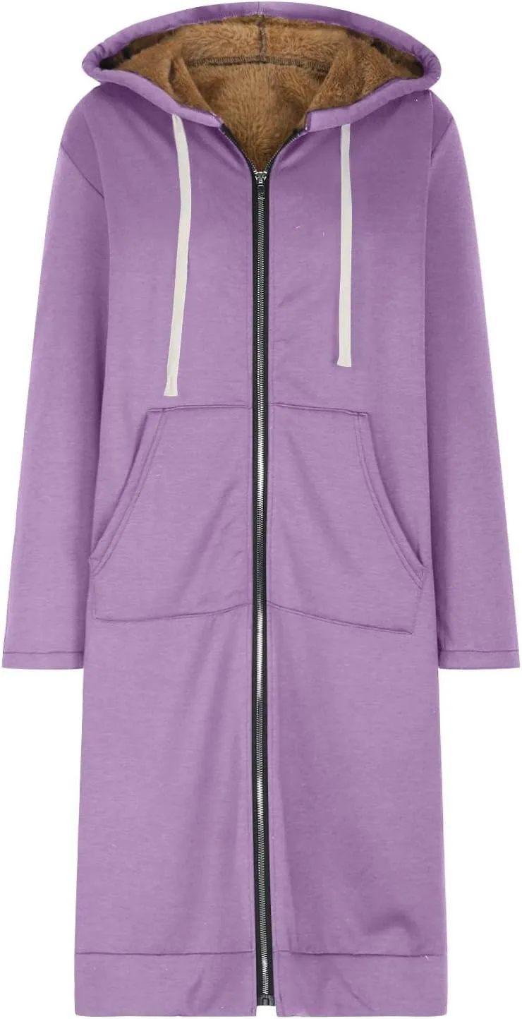 Long Fleece Lined Hooded Jacket for Women, Fuzzy Warm Full Zip Coat Casual Comfortable Thick Knee Length Outerwear
