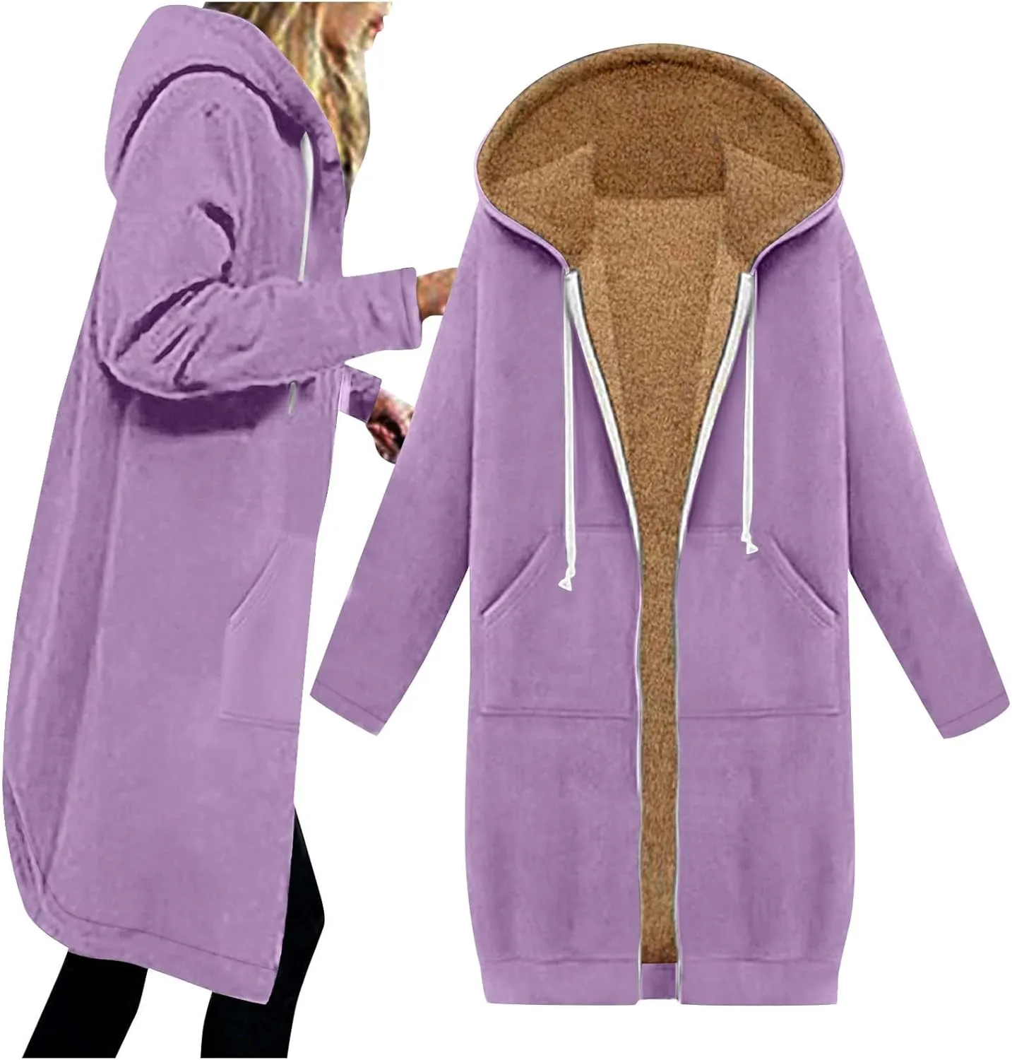 Long Fleece Lined Hooded Jacket for Women, Fuzzy Warm Full Zip Coat Casual Comfortable Thick Knee Length Outerwear