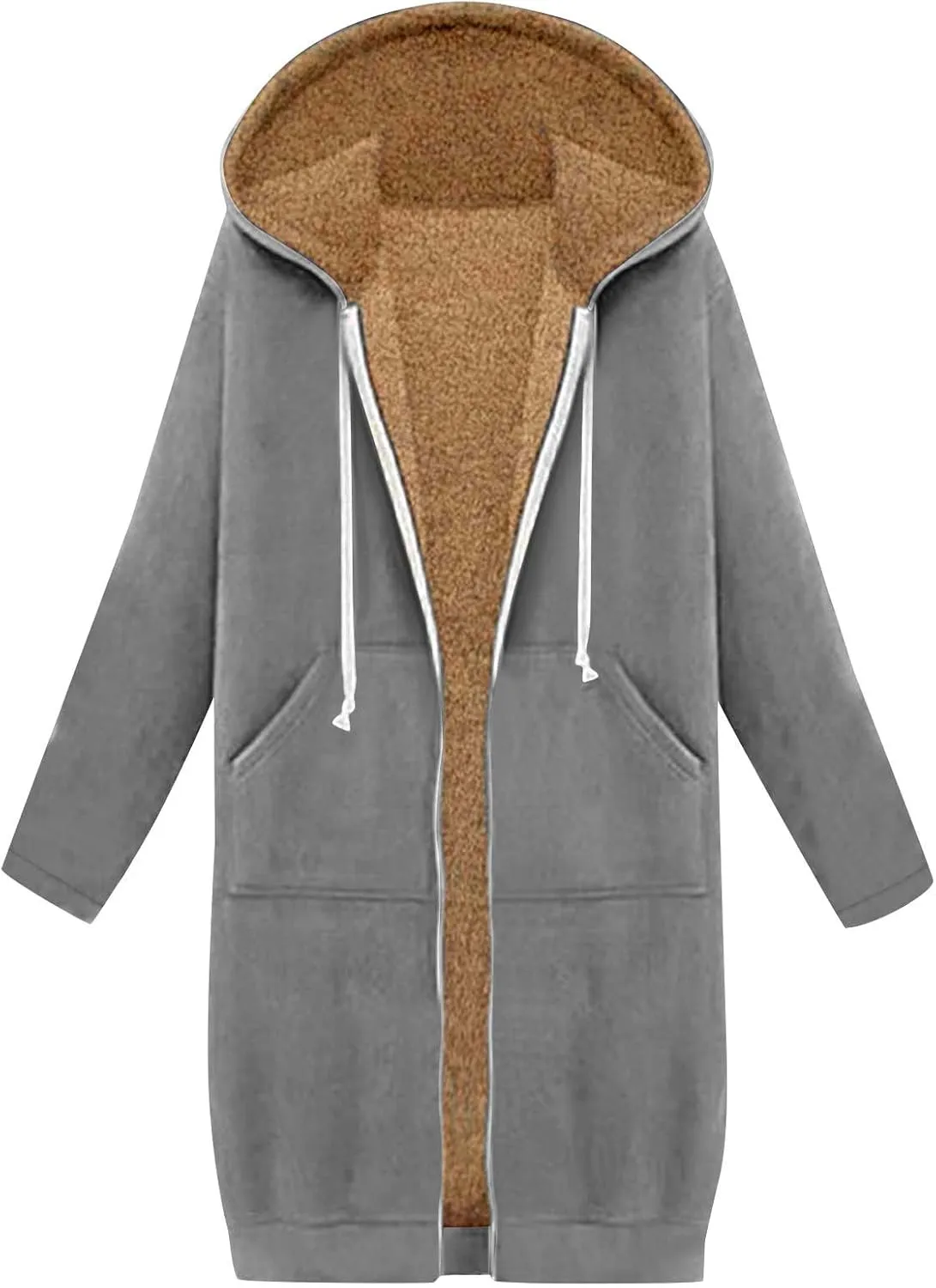 Long Fleece Lined Hooded Jacket for Women, Fuzzy Warm Full Zip Coat Casual Comfortable Thick Knee Length Outerwear