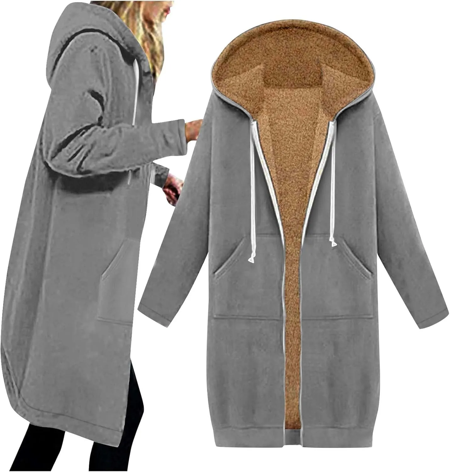 Long Fleece Lined Hooded Jacket for Women, Fuzzy Warm Full Zip Coat Casual Comfortable Thick Knee Length Outerwear