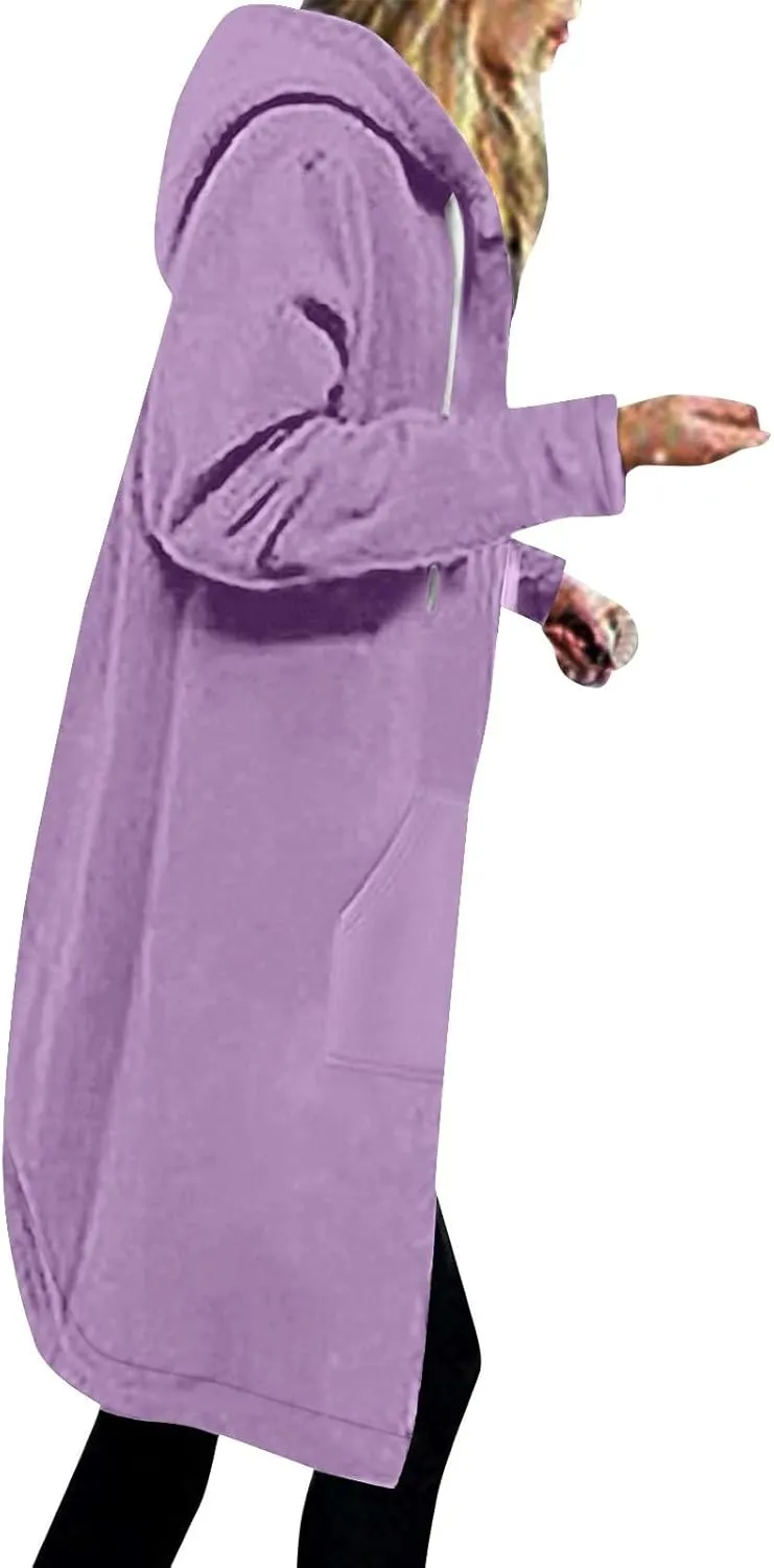 Long Fleece Lined Hooded Jacket for Women, Fuzzy Warm Full Zip Coat Casual Comfortable Thick Knee Length Outerwear
