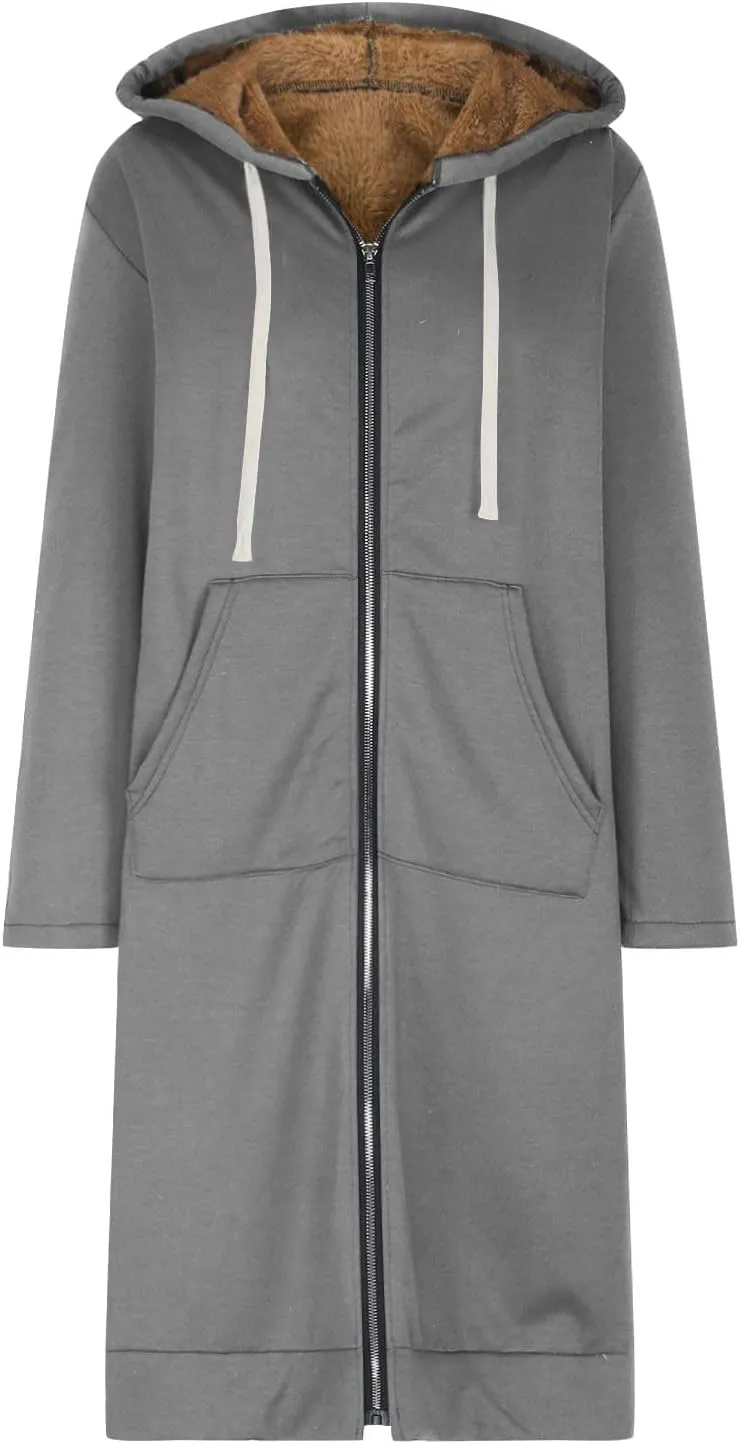 Long Fleece Lined Hooded Jacket for Women, Fuzzy Warm Full Zip Coat Casual Comfortable Thick Knee Length Outerwear