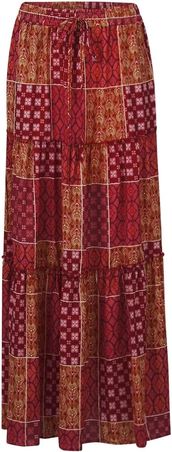 Long Flowy Skirts for Women Smocked High Waisted Maxi Skirt with Pockets Boho Ruffle Tiered Beach A Line Skirt