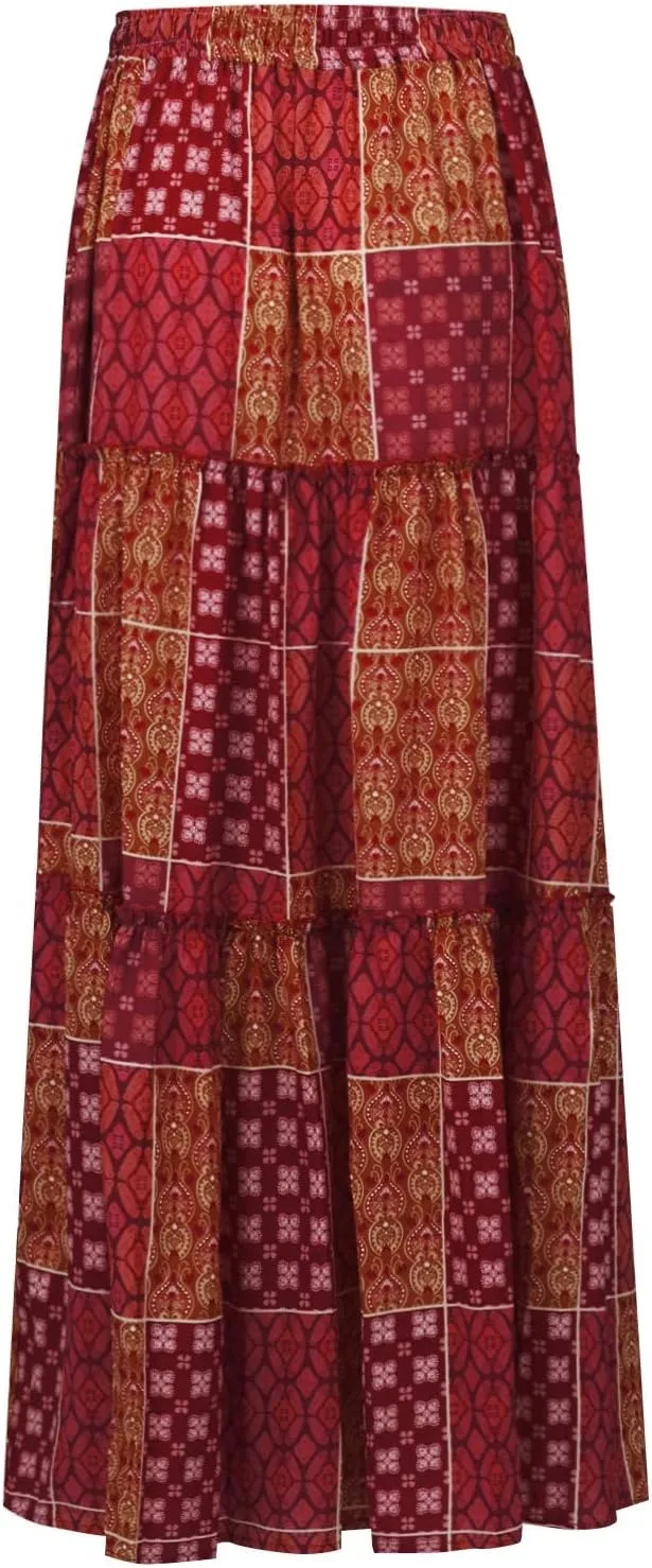 Long Flowy Skirts for Women Smocked High Waisted Maxi Skirt with Pockets Boho Ruffle Tiered Beach A Line Skirt