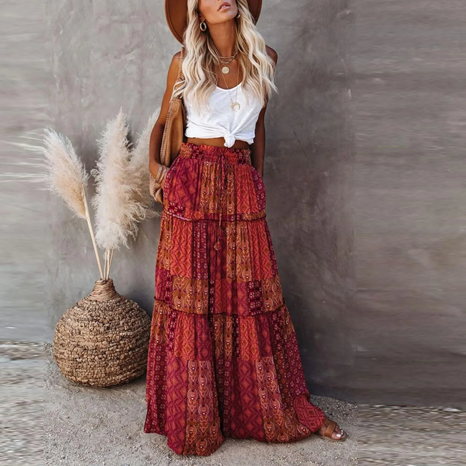 Long Flowy Skirts for Women Smocked High Waisted Maxi Skirt with Pockets Boho Ruffle Tiered Beach A Line Skirt