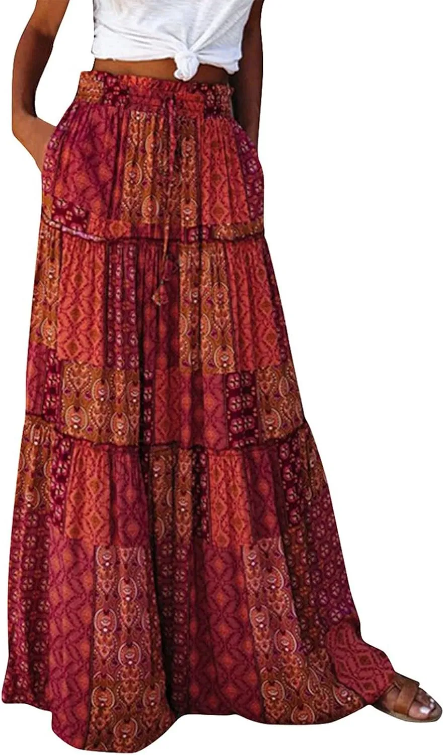 Long Flowy Skirts for Women Smocked High Waisted Maxi Skirt with Pockets Boho Ruffle Tiered Beach A Line Skirt