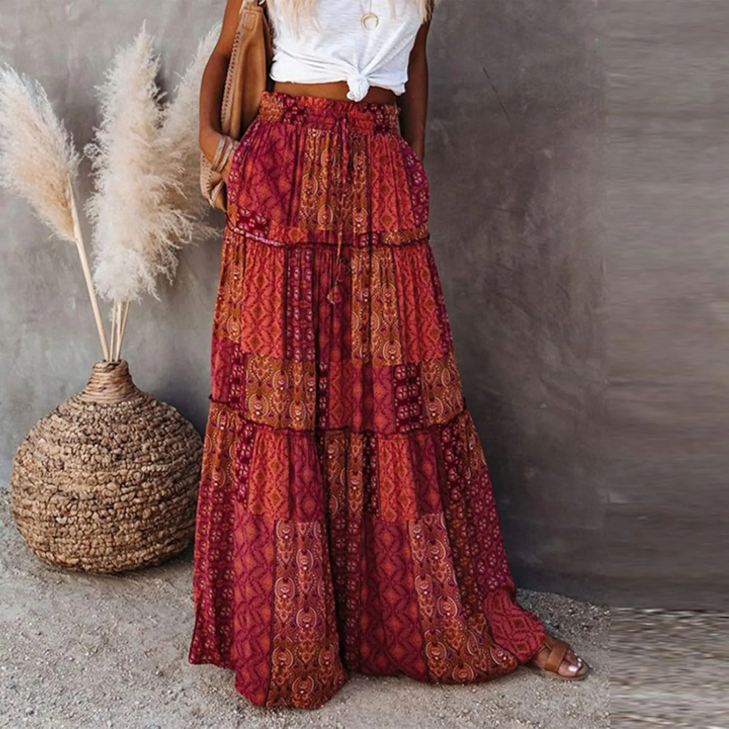 Long Flowy Skirts for Women Smocked High Waisted Maxi Skirt with Pockets Boho Ruffle Tiered Beach A Line Skirt