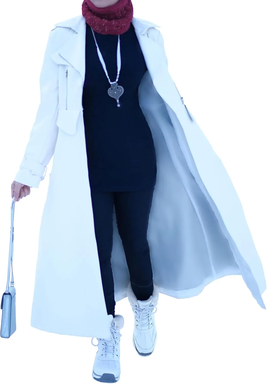 Long Leather Trench Coat for Women, Womens Trench Coat Long Lapel Collar & Waist-Belt