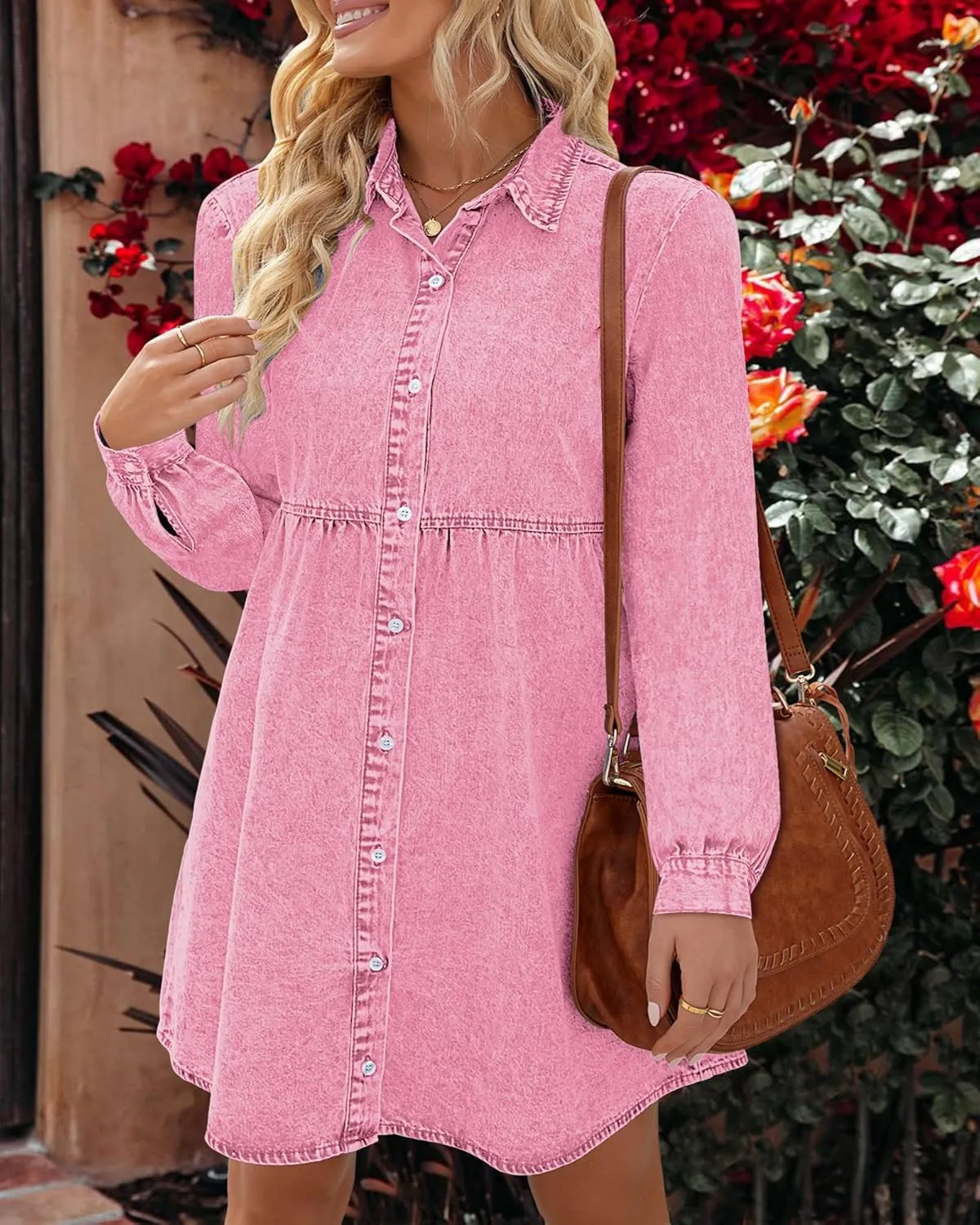 LookbookStore Long Sleeve Denim Dress for Women Jean Dress Button Down Casual Babydoll Denim Shirt Dress