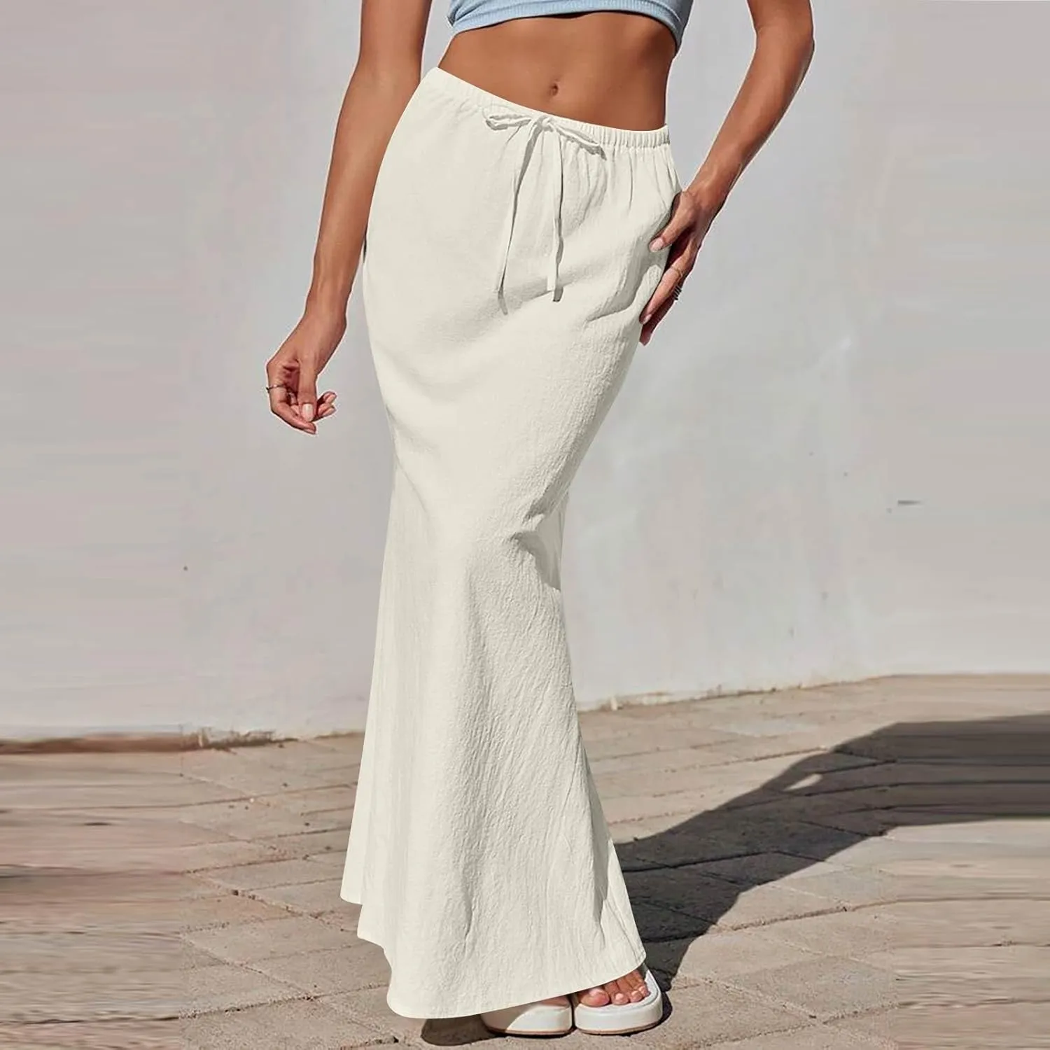 Maxi Skirt Women Trendy Summer Comfy Drawstring Waist Ankle-Length Skirts Cute Flared Maxi Skirt with Back Slit