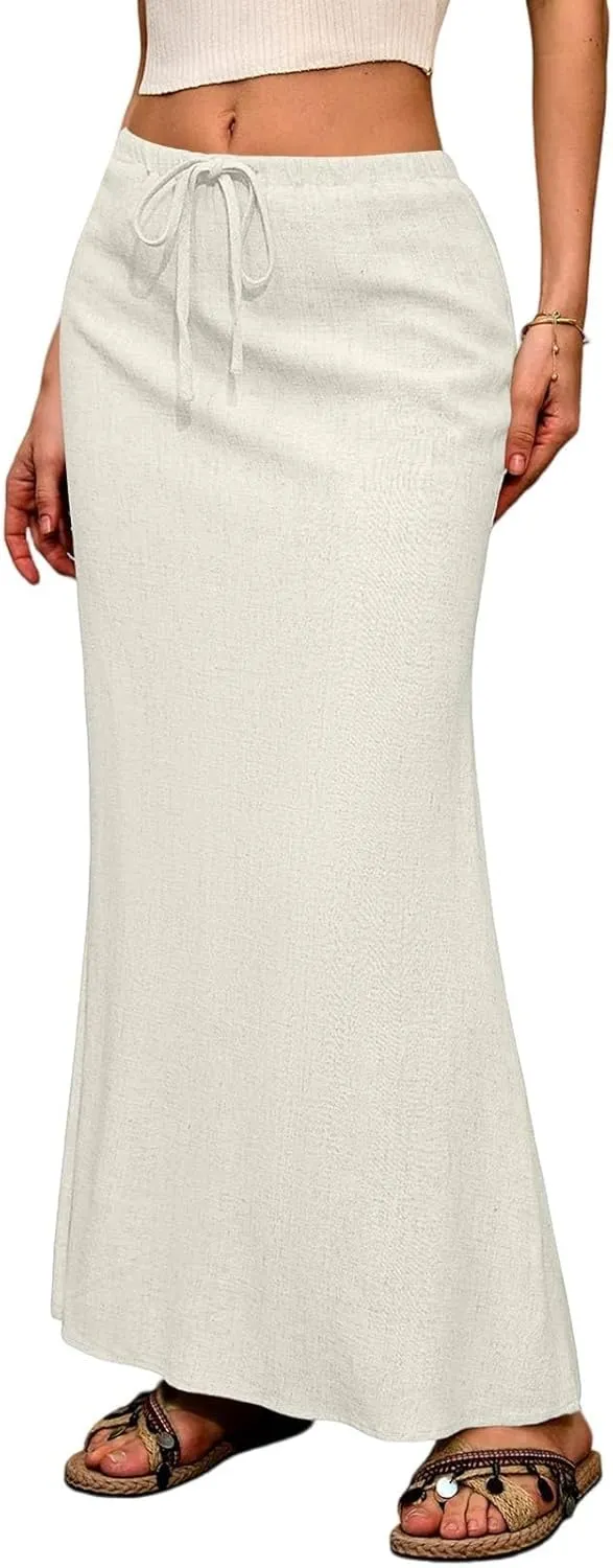 Maxi Skirt Women Trendy Summer Comfy Drawstring Waist Ankle-Length Skirts Cute Flared Maxi Skirt with Back Slit