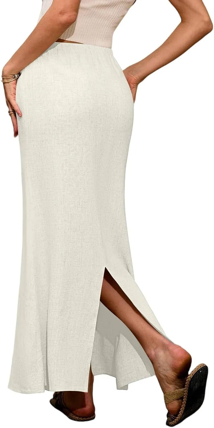 Maxi Skirt Women Trendy Summer Comfy Drawstring Waist Ankle-Length Skirts Cute Flared Maxi Skirt with Back Slit