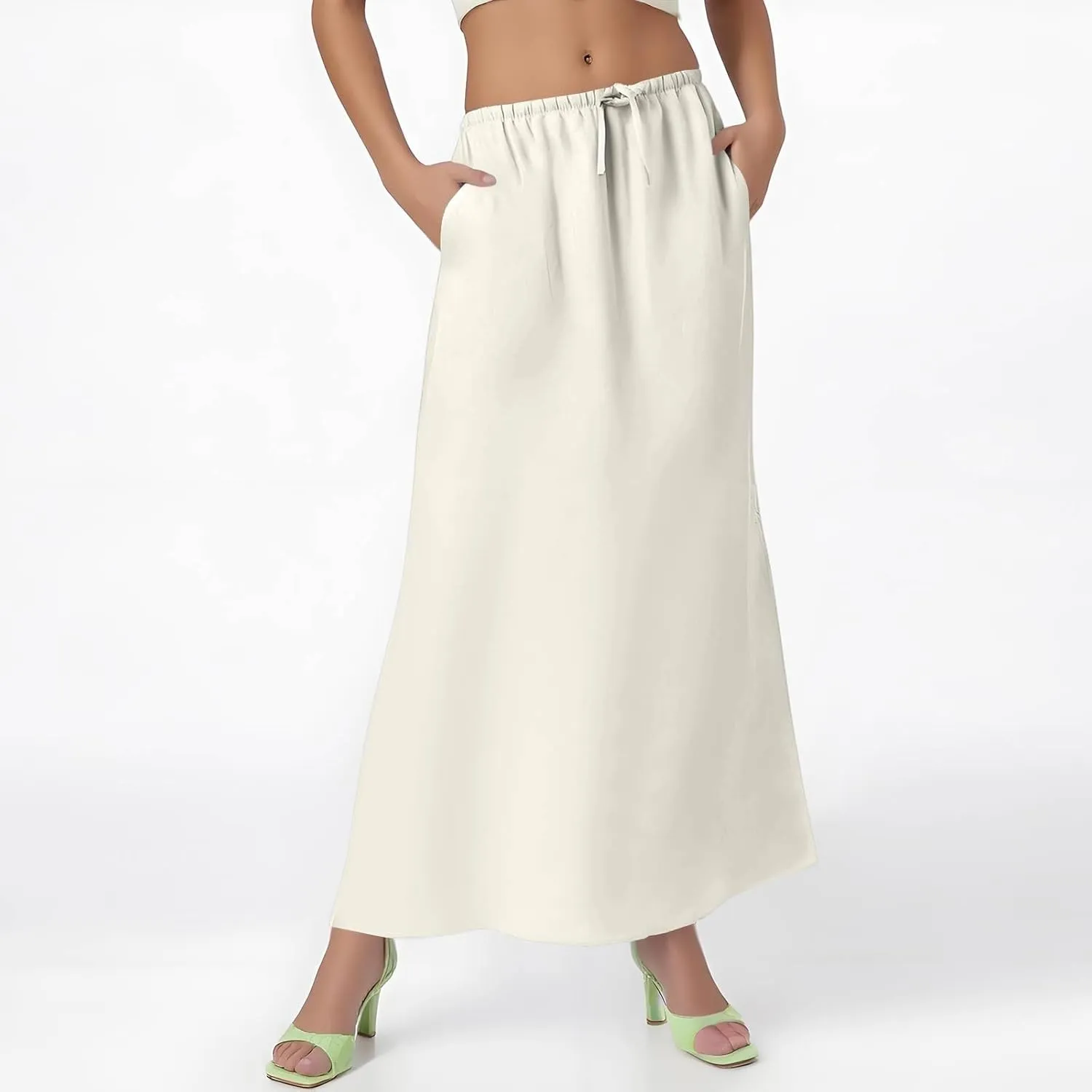 Maxi Skirt Women Trendy Summer Comfy Drawstring Waist Ankle-Length Skirts Cute Flared Maxi Skirt with Back Slit
