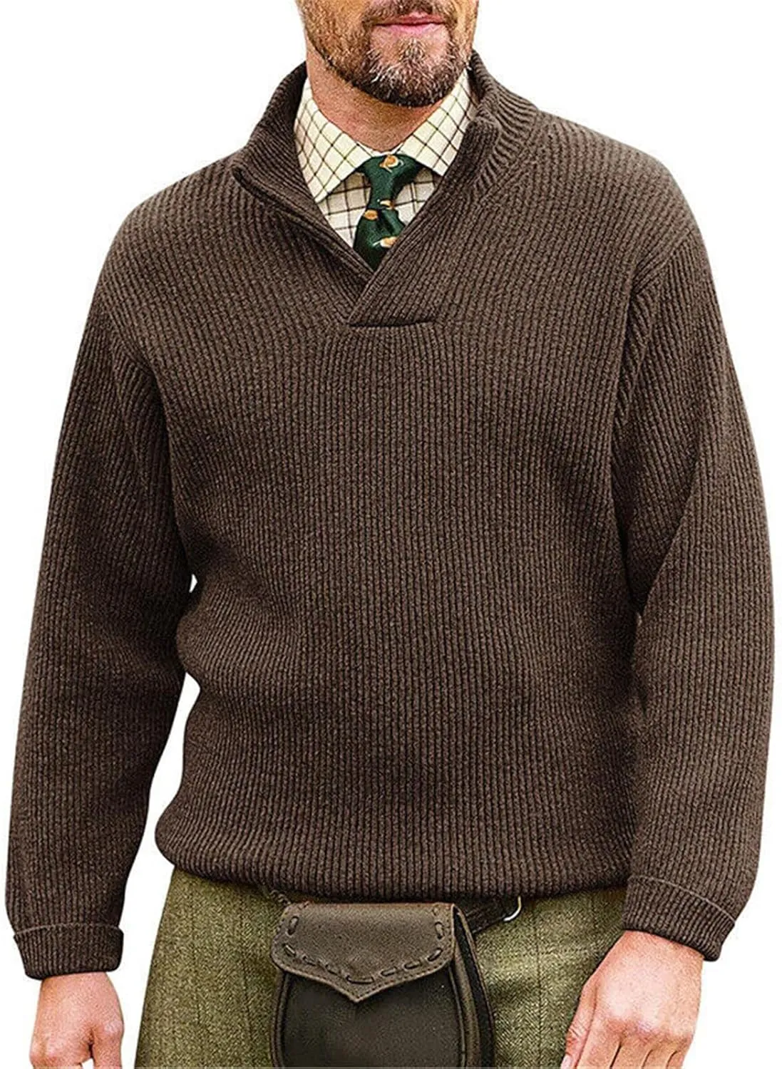 Men's V Neck Cable Knit Mock Neck Loose Fit Pullover Sweater Solid Color Winter Warm Comfortable Sweater Outwear