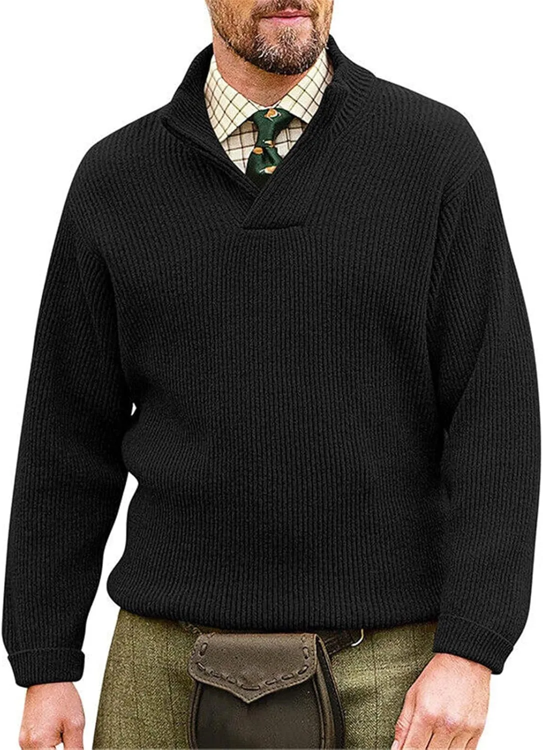 Men's V Neck Cable Knit Mock Neck Loose Fit Pullover Sweater Solid Color Winter Warm Comfortable Sweater Outwear