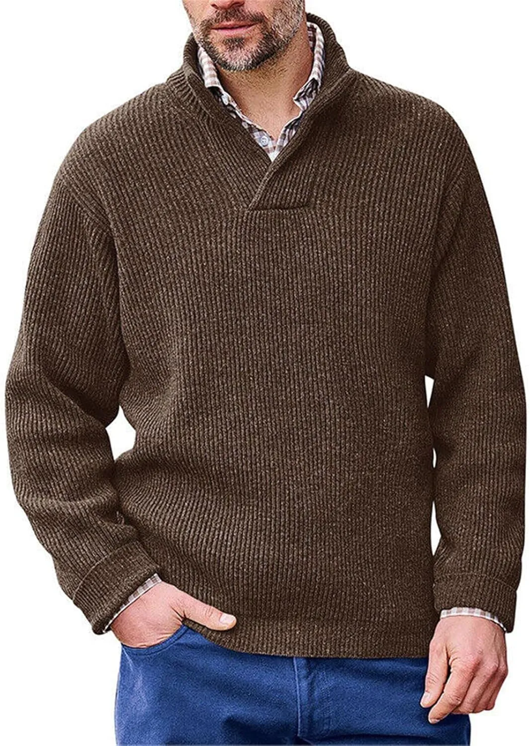 Men's V Neck Cable Knit Mock Neck Loose Fit Pullover Sweater Solid Color Winter Warm Comfortable Sweater Outwear
