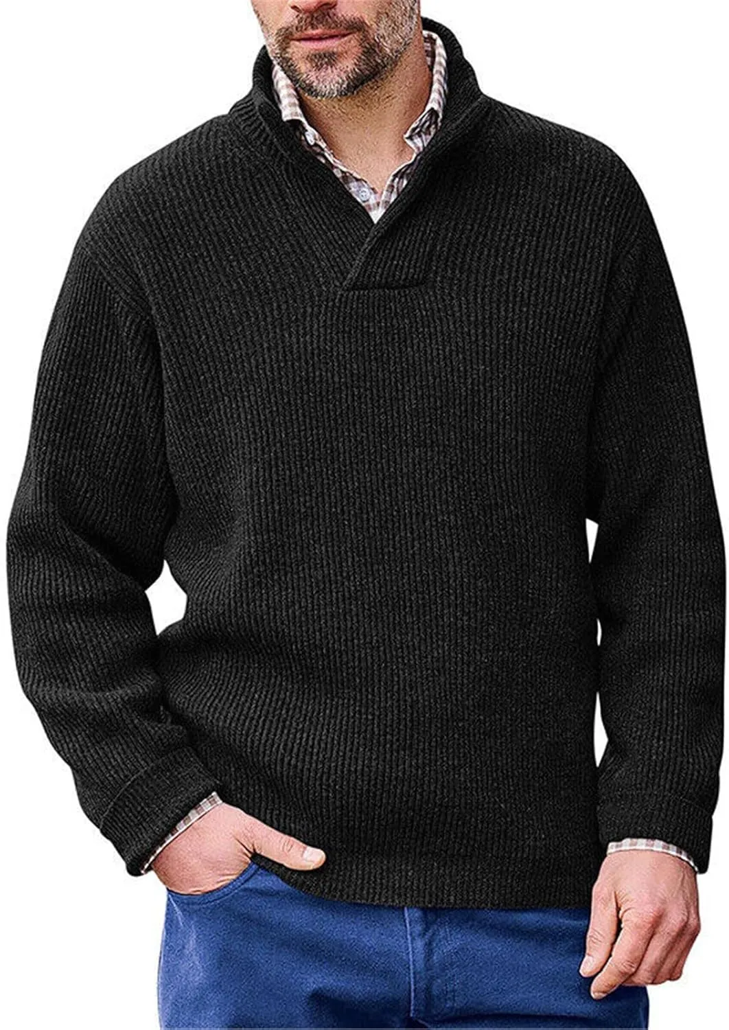 Men's V Neck Cable Knit Mock Neck Loose Fit Pullover Sweater Solid Color Winter Warm Comfortable Sweater Outwear