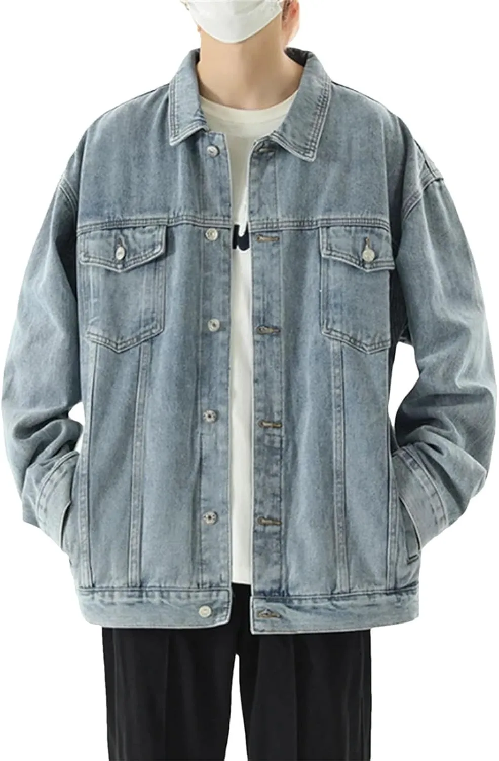 Men's Vintage Washed Denim Jacket Men Loose High Street Lightweight Sport Coats Casual Denim Coat