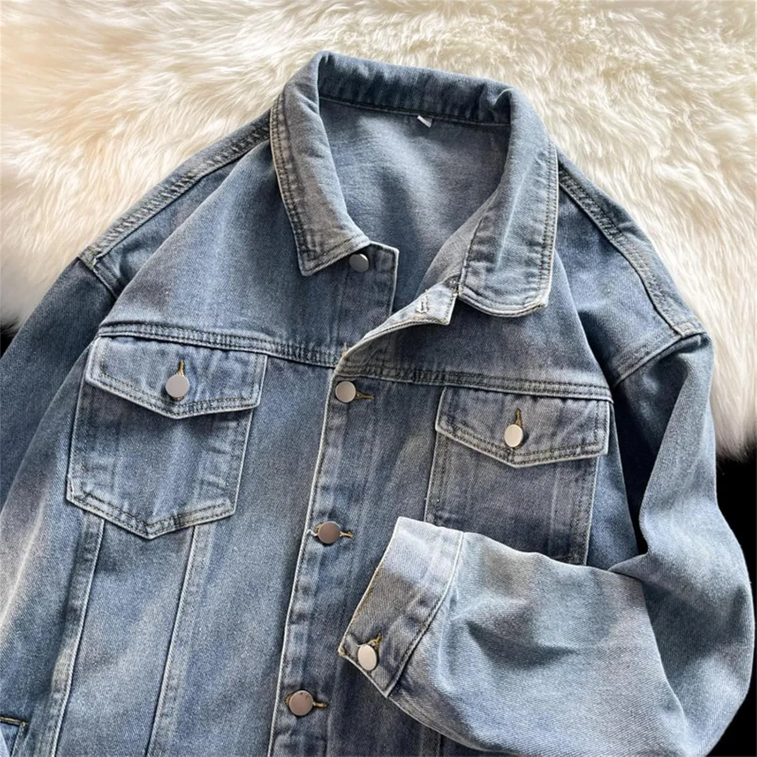 Men's Vintage Washed Denim Jacket Men Loose High Street Lightweight Sport Coats Casual Denim Coat