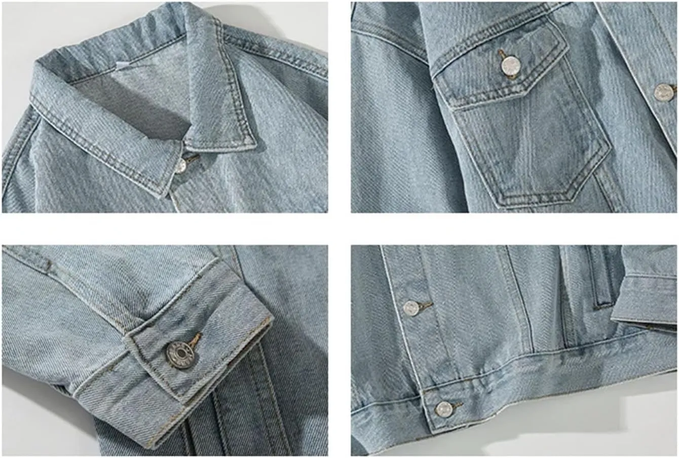 Men's Vintage Washed Denim Jacket Men Loose High Street Lightweight Sport Coats Casual Denim Coat