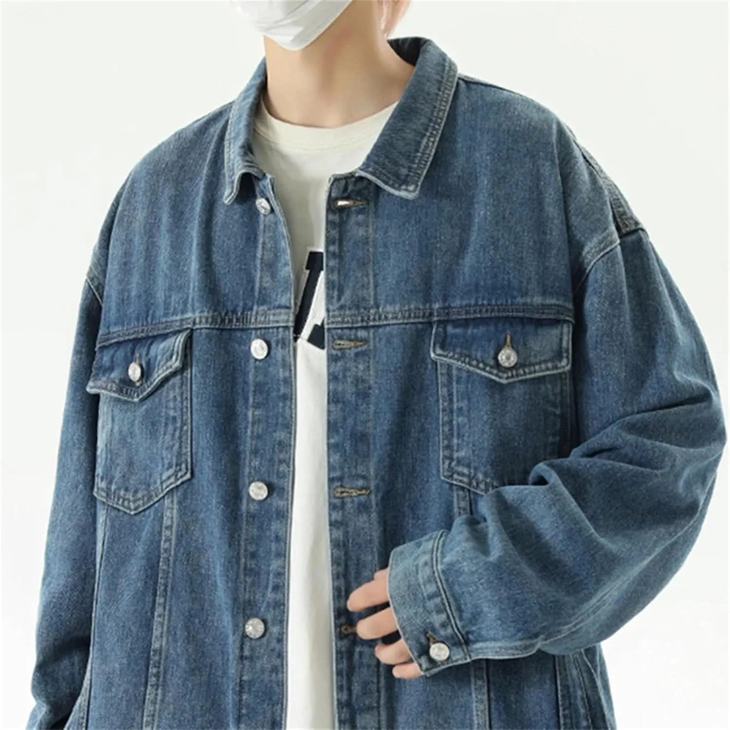 Men's Vintage Washed Denim Jacket Men Loose High Street Lightweight Sport Coats Casual Denim Coat