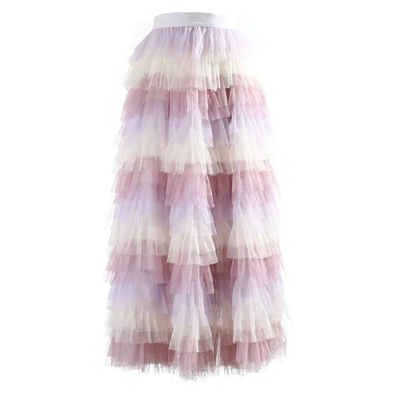 Mesh Elegant Skirts For Women High Waist Folds Elegant Temperament Ball Gown Skirt Female Summer Fashion Clothing