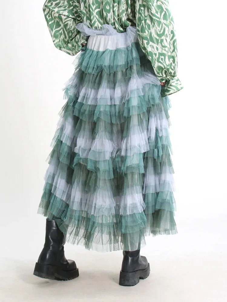 Mesh Elegant Skirts For Women High Waist Folds Elegant Temperament Ball Gown Skirt Female Summer Fashion Clothing