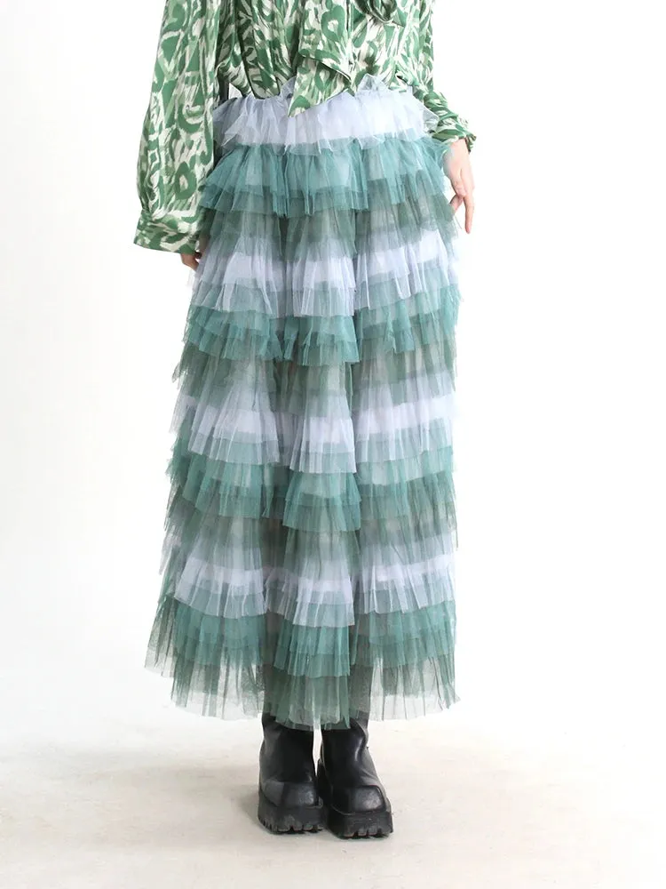 Mesh Elegant Skirts For Women High Waist Folds Elegant Temperament Ball Gown Skirt Female Summer Fashion Clothing