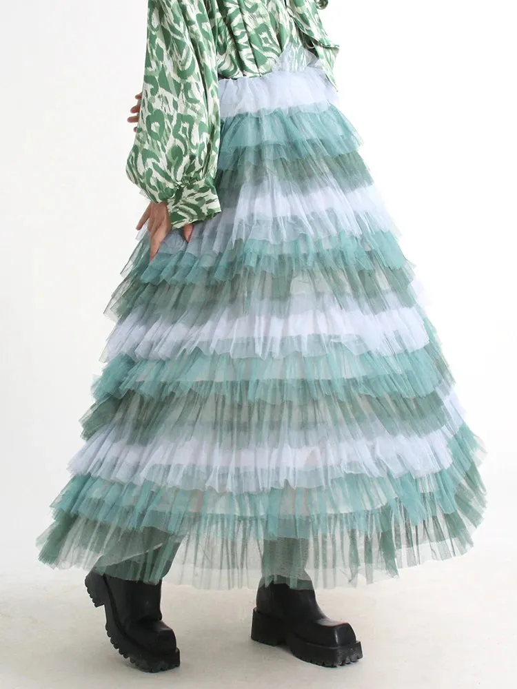 Mesh Elegant Skirts For Women High Waist Folds Elegant Temperament Ball Gown Skirt Female Summer Fashion Clothing