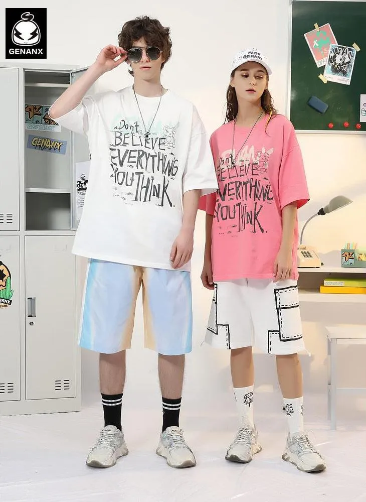 Minimalist Letter Print Cartoon Color Block T-Shirt