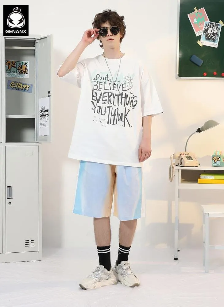 Minimalist Letter Print Cartoon Color Block T-Shirt