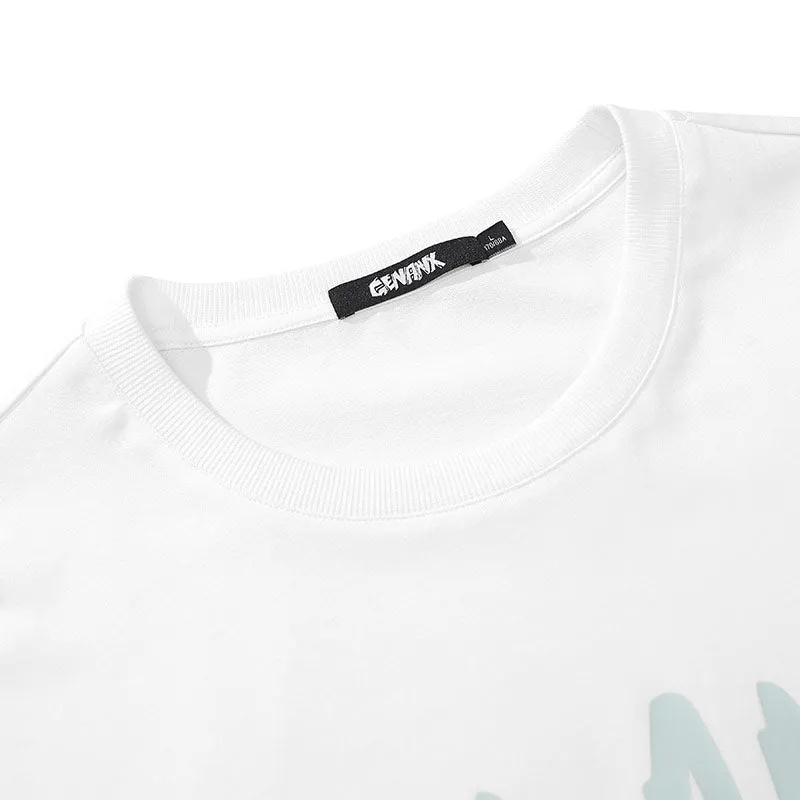 Minimalist Letter Print Cartoon Color Block T-Shirt