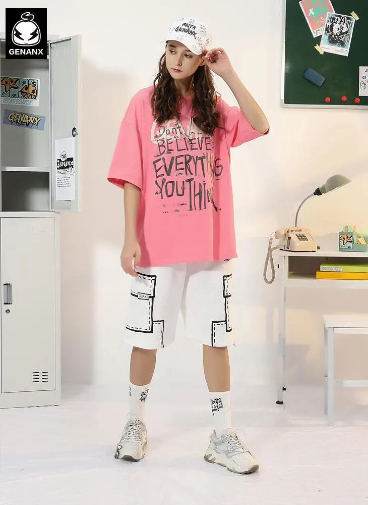 Minimalist Letter Print Cartoon Color Block T-Shirt