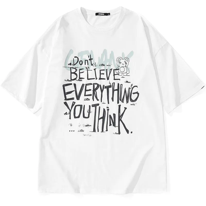 Minimalist Letter Print Cartoon Color Block T-Shirt