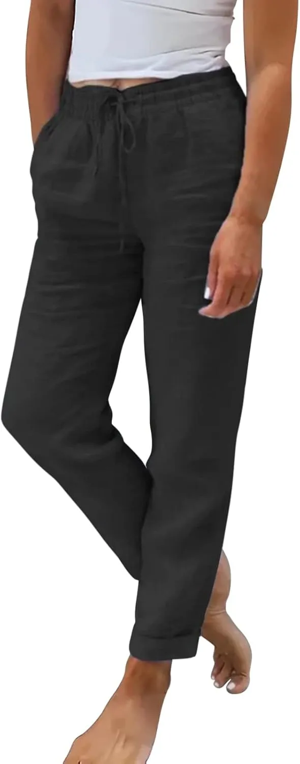 Miyaomn Lounge Sets for Women Work Pants Women Women's Stylish Linen Straight Leg Pants Drawstring Elastic Waist Casual Joggers Folded Bottom Lounge Trousers Slacks(Black,XX-Large)