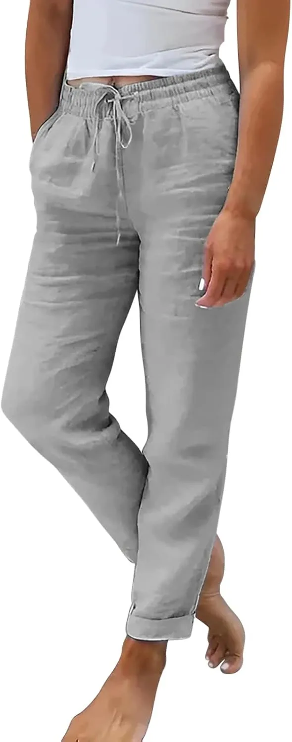 Miyaomn Plus Size Dresses for Curvy Women Sweatpants Women's Stylish Linen Straight Leg Pants Drawstring Elastic Waist Casual Joggers Folded Bottom Lounge Trousers Slacks(Grey,X-Large)