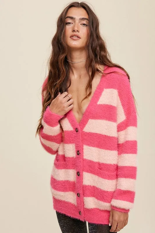 Pink Multi Striped Button Down Fuzzy Knit Cardigan