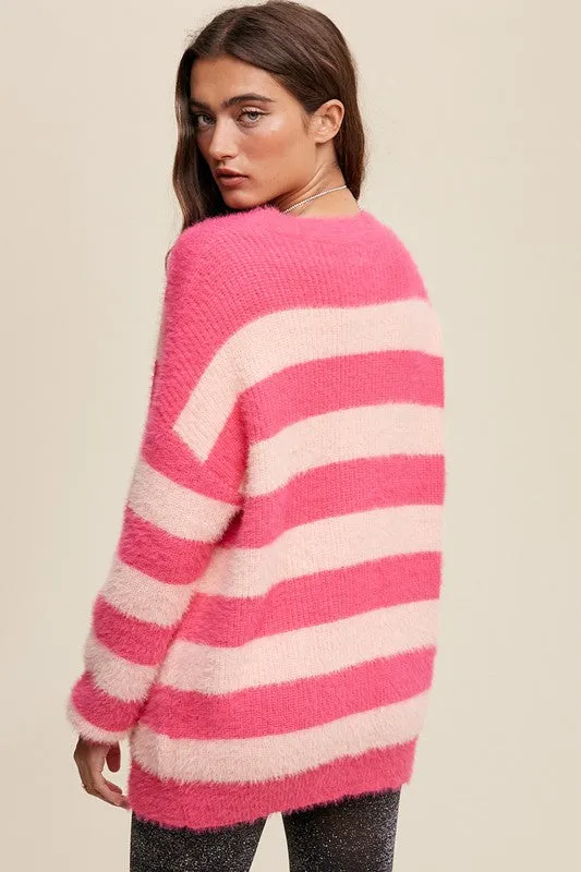Pink Multi Striped Button Down Fuzzy Knit Cardigan