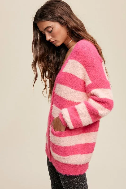 Pink Multi Striped Button Down Fuzzy Knit Cardigan