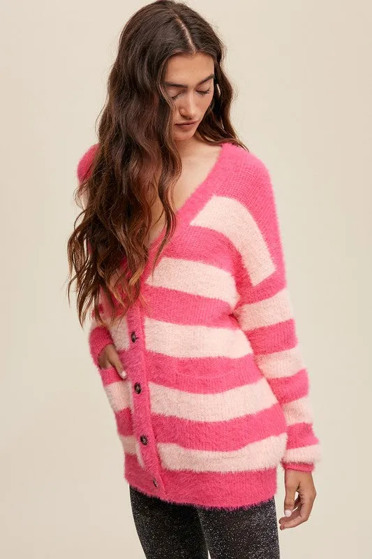Pink Multi Striped Button Down Fuzzy Knit Cardigan