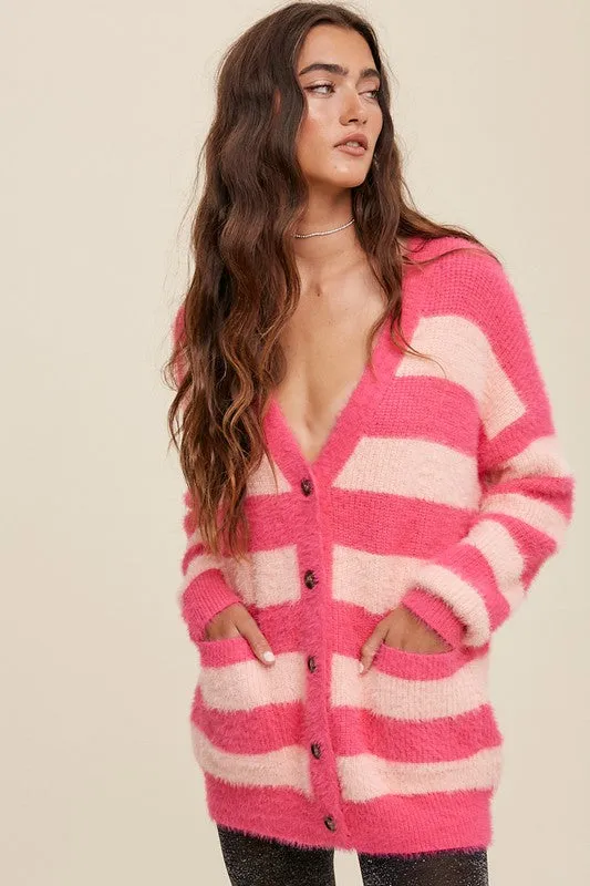 Pink Multi Striped Button Down Fuzzy Knit Cardigan