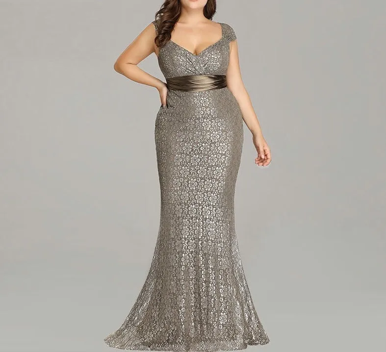 Plus size Elegant glitter lace detail mermaid prom dance party gown dress
