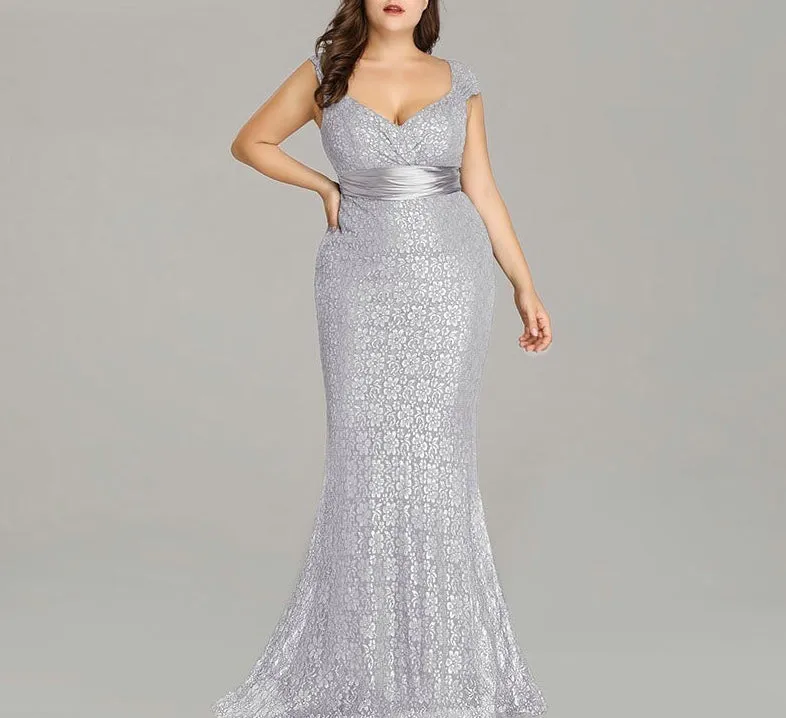 Plus size Elegant glitter lace detail mermaid prom dance party gown dress