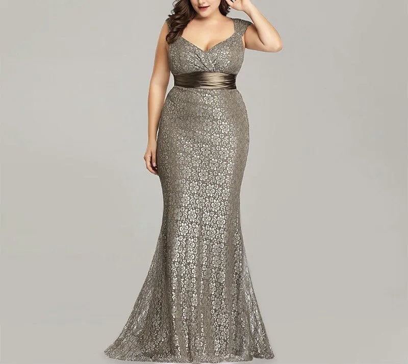 Plus size Elegant glitter lace detail mermaid prom dance party gown dress